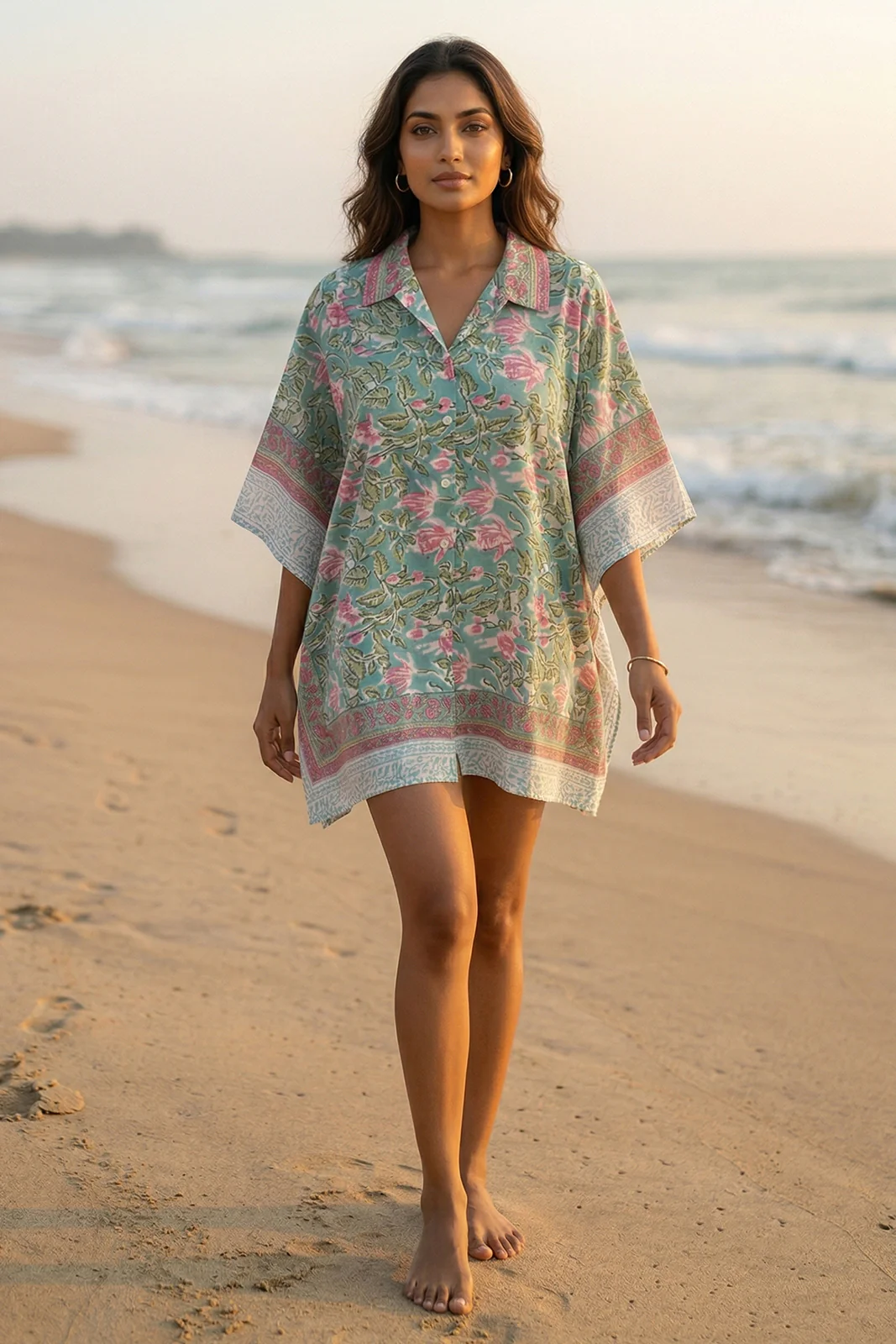 GREEN BLOCK PRINTED KAFTAN TOP-NVK567
