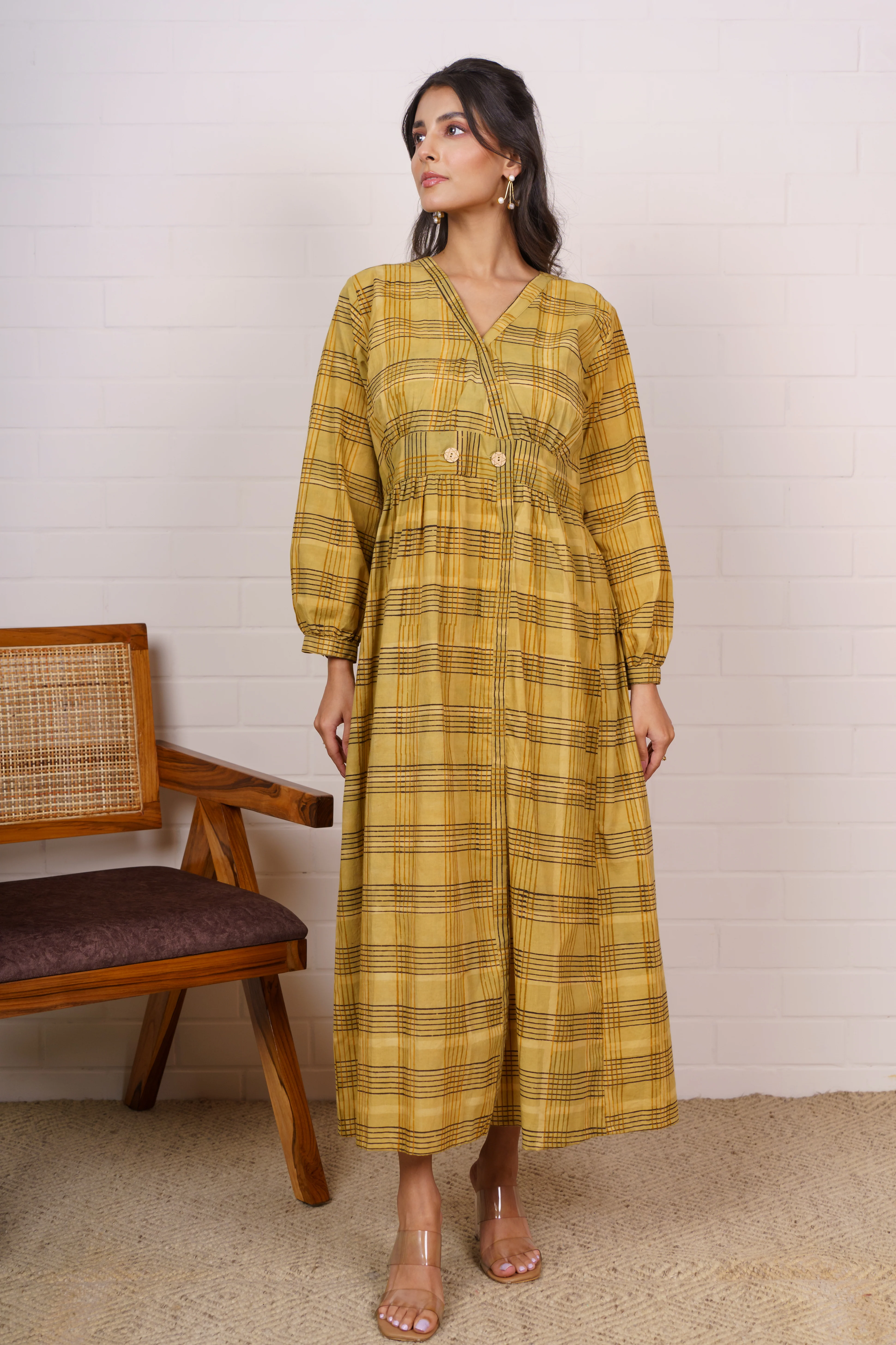 Mustard Checkered Waist Buttons Dress-NFD77