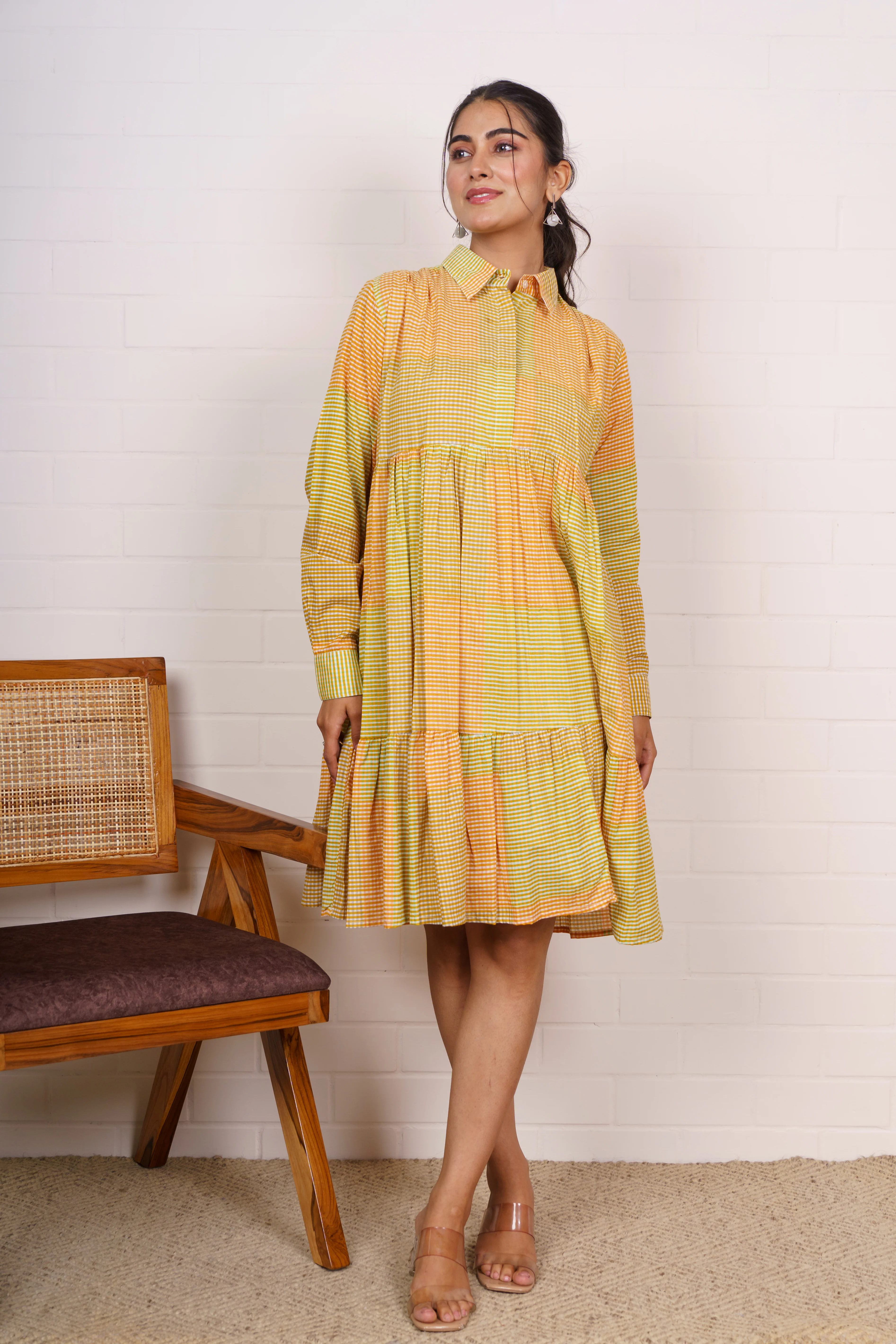 Yellow Gingham Tiered Shirt Dress-NFD84